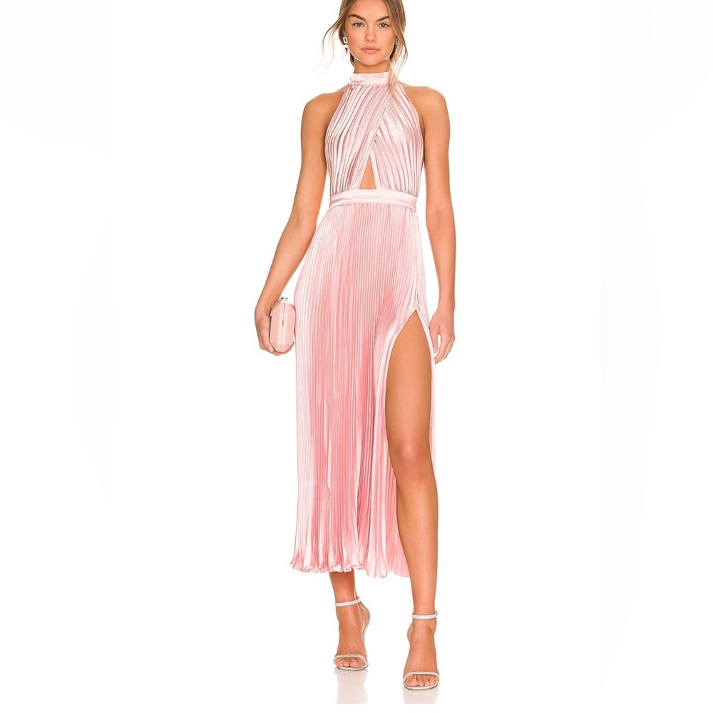 L’IDEE pink split gown! Beautiful pink, halter neckline, with stunning pleating